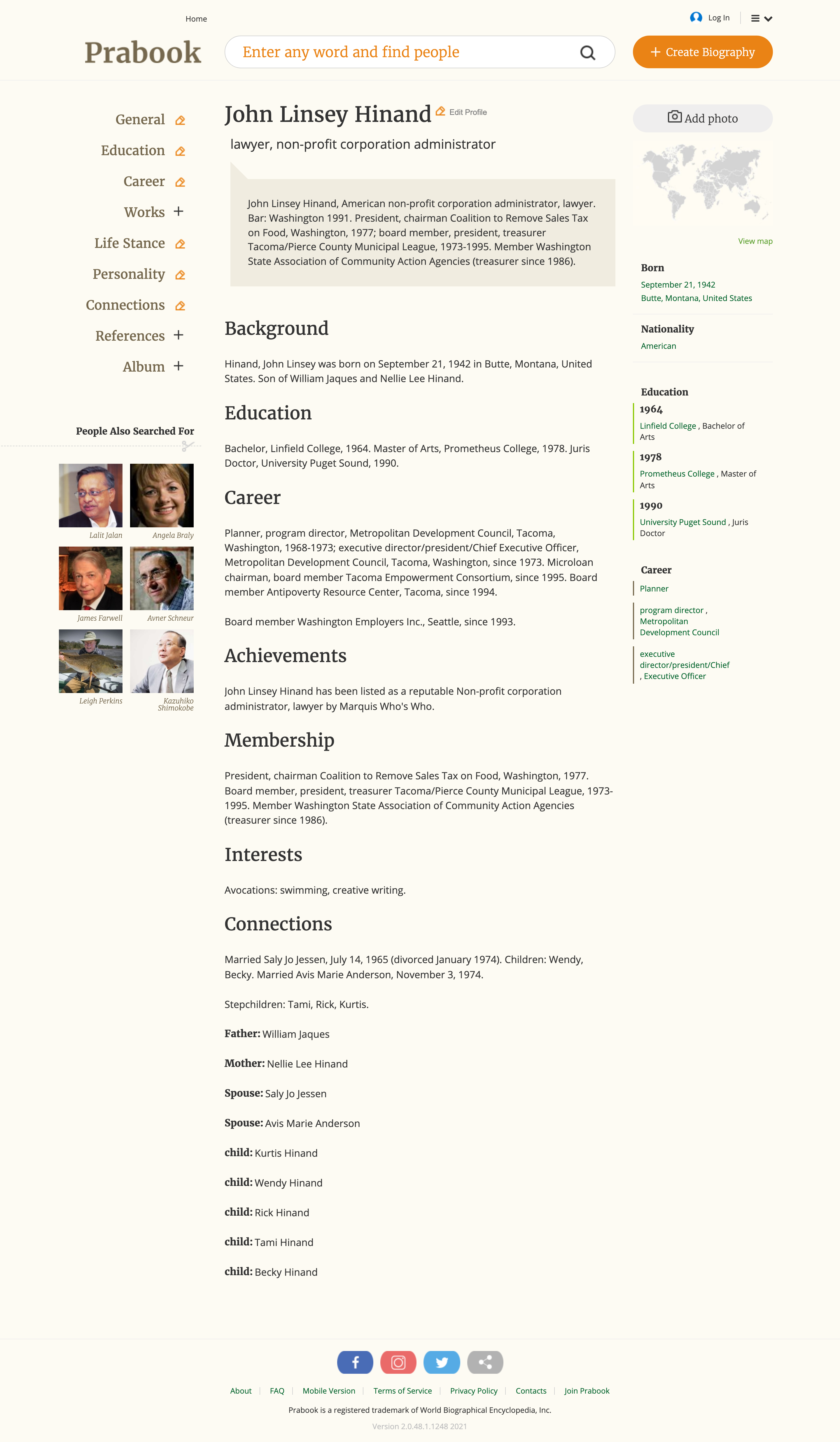 Full-page capture of the John Linsey Hinand Prabook biography